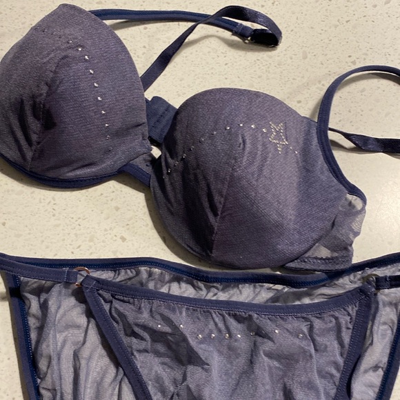 Y2K denim blue sheer mesh gem star sparkle sequin bra and panty set - Picture 1 of 6